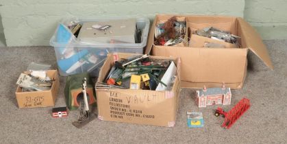 Three boxes of assorted model railway scenery, buildings and diorama supplies to include Hornby,