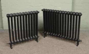 Two painted cast iron radiators; fifteen and eleven bars.