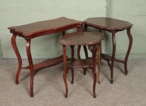 Three Victorian mahogany window tables. Tallest approx 73cm Crack to support of mid sized table.