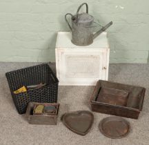 A quantity of metalwares. Includes painted Worcester ware meat safe, etc.