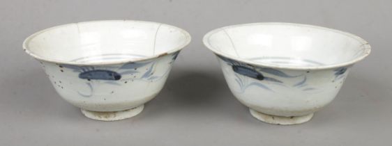 Two Qing dynasty Chinese bowls decorated in underglaze blue. Both examples heavily repaired.