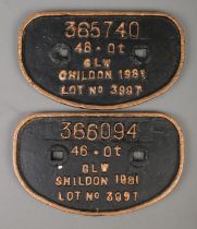 Two cast iron locomotive D plates; numbers 365740 and 366094. Shildon, 1981. Have been repainted.