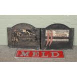 Two cast metal signs for JJ Designer Collections along with a wooden 'Meld' sign.