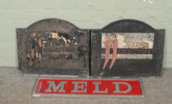 Two cast metal signs for JJ Designer Collections along with a wooden 'Meld' sign.