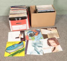 Two boxes of assorted vinyl LP records of mainly pop and easy listening to include Led Zeppelin,