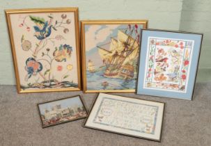 Five framed embroideries. Includes ship scene, floral and bird example, etc.