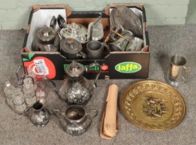 A box of metalwares. Includes silver plated teaset, cruet sets, etc.