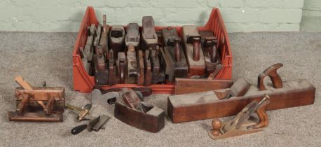 A box of assorted wood working planes, to include moulding, block and W.Marples and Sons plough