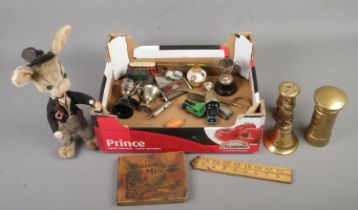 A box of collectables. Includes vintage rabbit soft toy, brassware, pocket knives, diecast, etc.