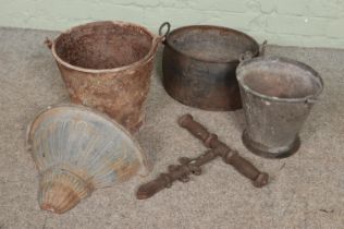 A collection of metalwares. Includes Pugh & Co cast iron cook pot, buckets etc.