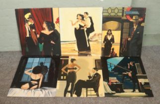 After Jack Vettriano, six unframed oils on board. Five signed Vincent and dated 2002 and 2004.