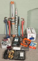 A large quantity of tools. Includes Record 36 wrench, Ridgid wrenches, automatic level, Dewalt