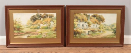 E Hamilton, a pair of framed watercolours, landscape scenes with thatched cottages and figures. 25cm