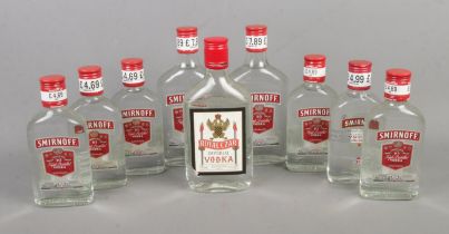 Seven bottles of Smirnoff No.21 vodka along with one 35cl bottle of Royal Czar vodka.