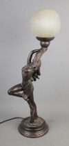 A Art Deco style Widdop Bingham lamp in the form of a posing lady with crackle glass shade