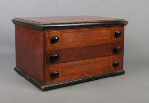 A mahogany table top three drawer specimen chest. 25cm x 43cm x 30cm.