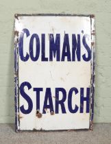 A vintage enamel advertising Colman's Starch. Height: 92cm, Width: 61cm.