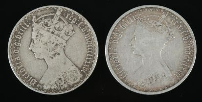 Two Victorian silver gothic florins. Includes 1872 and 1876.