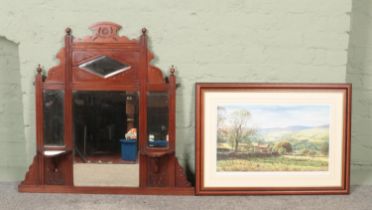 After Keith Melling, a signed framed print of Swaledale, along with a carved mahogany over mantel
