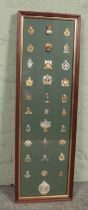 A large framed display of 31 military cap badges. Includes Grenadier Guards, Parachute Regiment,
