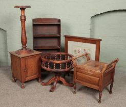 Six assorted pieces of furniture. Includes open bookcase, fire screen, pine plant stand, tray on