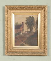 A gilt framed amateur oil on board depicting rural farming scene. Approx. dimensions including frame