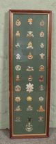 A large framed display of 31 military cap badges. Includes Queen's Own Highlanders, Royal Regiment