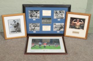 Four framed signed pictures/prints. Includes a Sheffield Wednesday FC vs Sheffield United FC