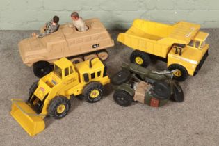 A Mighty Tonka Loader and Hydraulic Dump Truck together with a action man combination motorcycle and