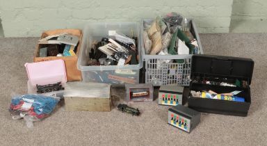 Three boxes of model railway spares and repairs to include scenery, power control units,