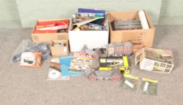 Three boxes of assorted model railway scenery, boxed kits and diorama supplies to include Hornby,