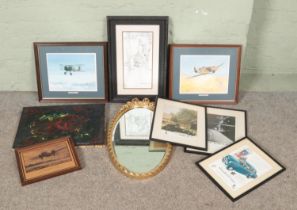 A collection of pictures, prints and a gilt framed mirror. Includes Terence Geary oil on canvas,