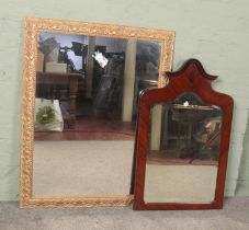 A large gilt framed mirror along with a mahogany framed example. Gilt framed example 114cm x 89cm.