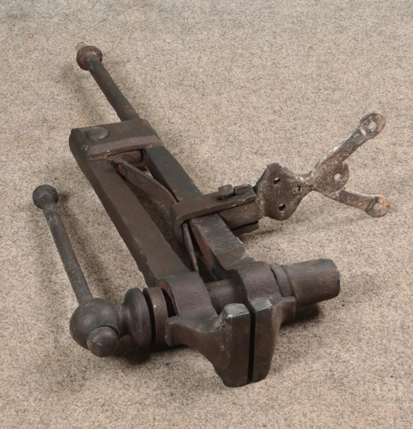 A vintage blacksmiths iron vice. Lengthx99cm