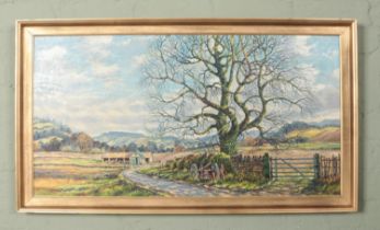 John Spencer, a large gilt framed oil on canvas, rural landscape scene. 47cm x 90cm.