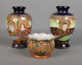 A pair of Japanese satsuma vases together with another Japanese bowl. Vase Hx18cm