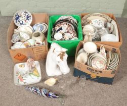 Four boxes of miscellaneous. Includes Murano style glass fish, Royal Worcester Evesham, Edwardian