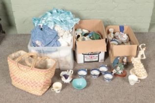 Three boxes of miscellaneous to include linens, Leonardo Collection, Ye Old Chinese Willow,