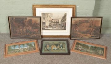 A collection of antique framed prints. Includes Pollard, The Royal Mails Preparing To Start, pair of