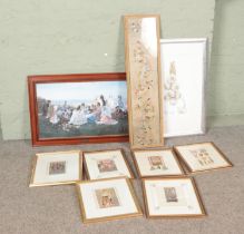 A collection of framed pictures. Includes embroidery, Botanical Ann Swan limited edition print, John
