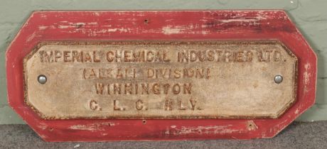 A cast iron wagon plate. Imperial Chemical Industries Ltd (ALKALI DIVISION) Winnington C.L.C. RLY.