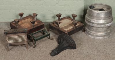 A quantity of assorted items. Includes metal and wood stands possibly for planters or chimney