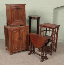 A collection of furniture. Includes oak cupboard, perdonium, bamboo shelving unit, small drop leaf