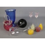 A collection of art glass, to include Caithness candlesticks, Ivy Glass fruit and Bohemia glass