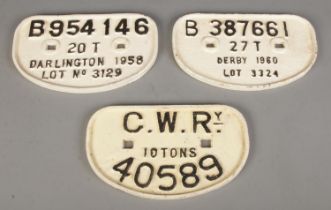 Three cast iron railway plates, for CWR, Derby and Darlington.