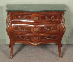 A French kingwood bombe shaped chest of drawers with verdigris marble top and ormolu mounts. (83cm x