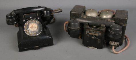 A British Telephone Set 'F' MKII TMC field telephone, together with a black vintage rotary dial