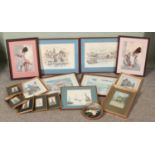 A box of pictures and prints. Includes small framed oil still life flowers, engravings, Dennis Hague