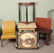 A quantity of furniture. Includes side tables, wall clock, retro leatherette chair, etc.