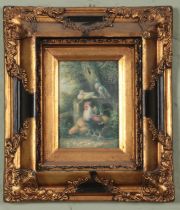 After Edger Hunt, an ornate framed oleograph depicting chickens/birds farmyard scene. (17cm x 12cm)